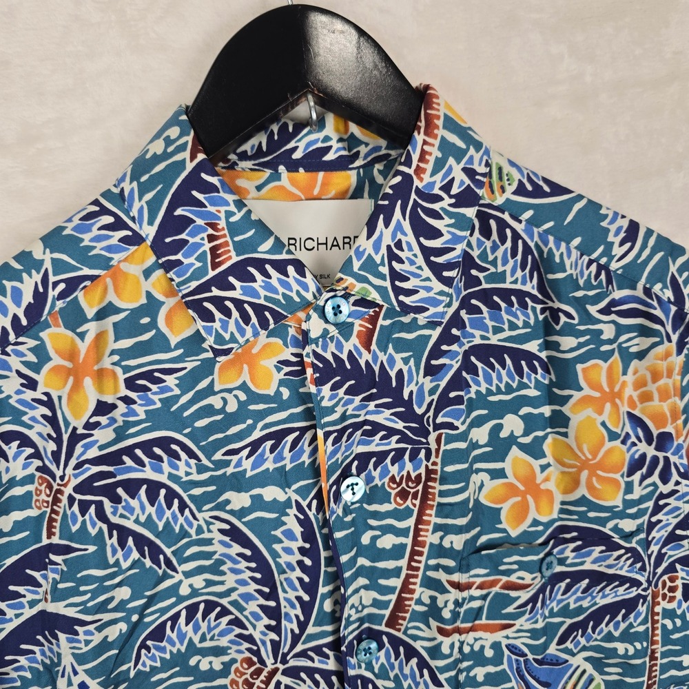 Tori Richard Mens Small Blue 100% Mulberry Silk Tropical Hula Hawaiian Shirt